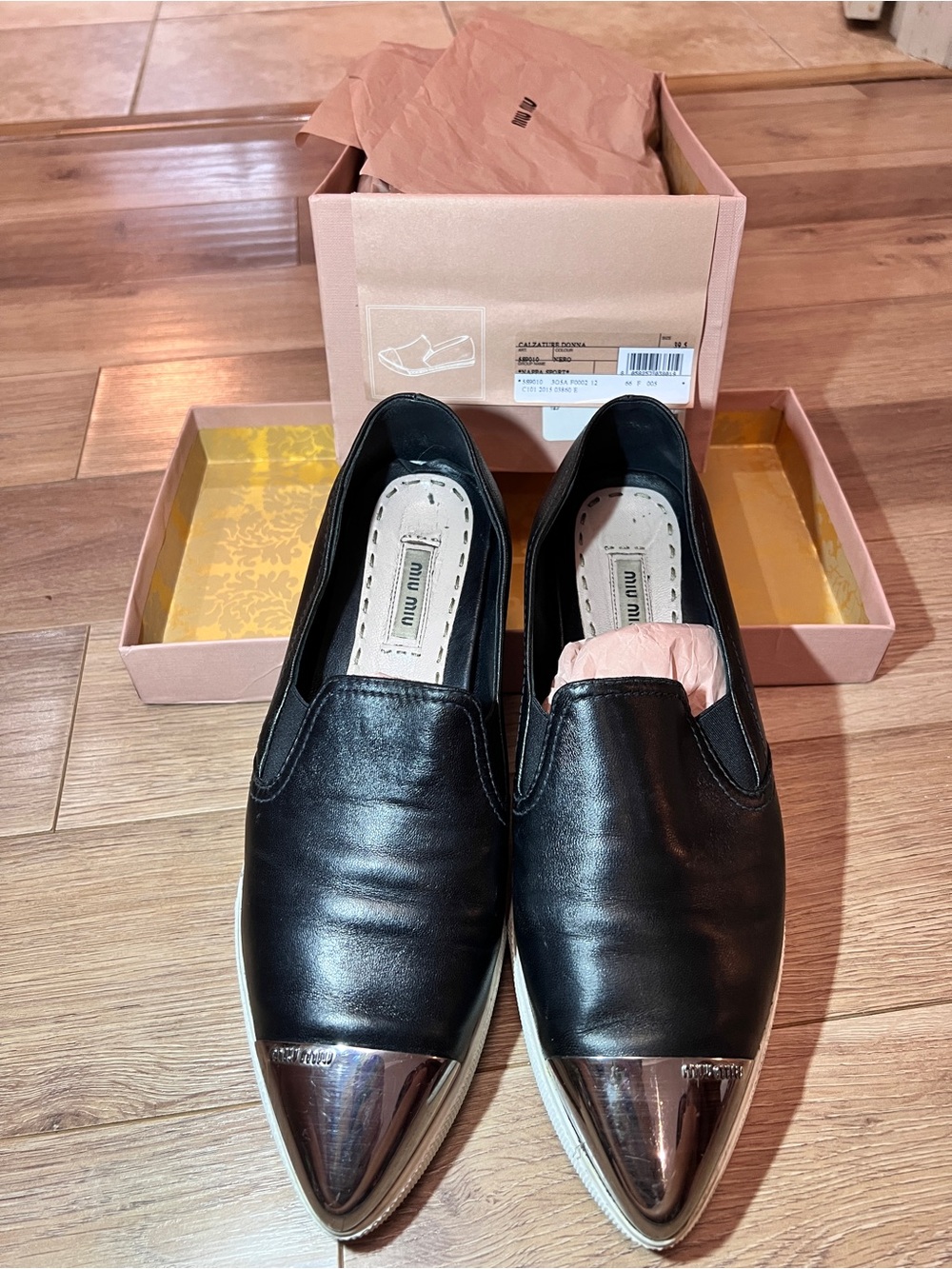 Miu Miu Black Leather Slip-Ons with Silver Cap Toe 39.5